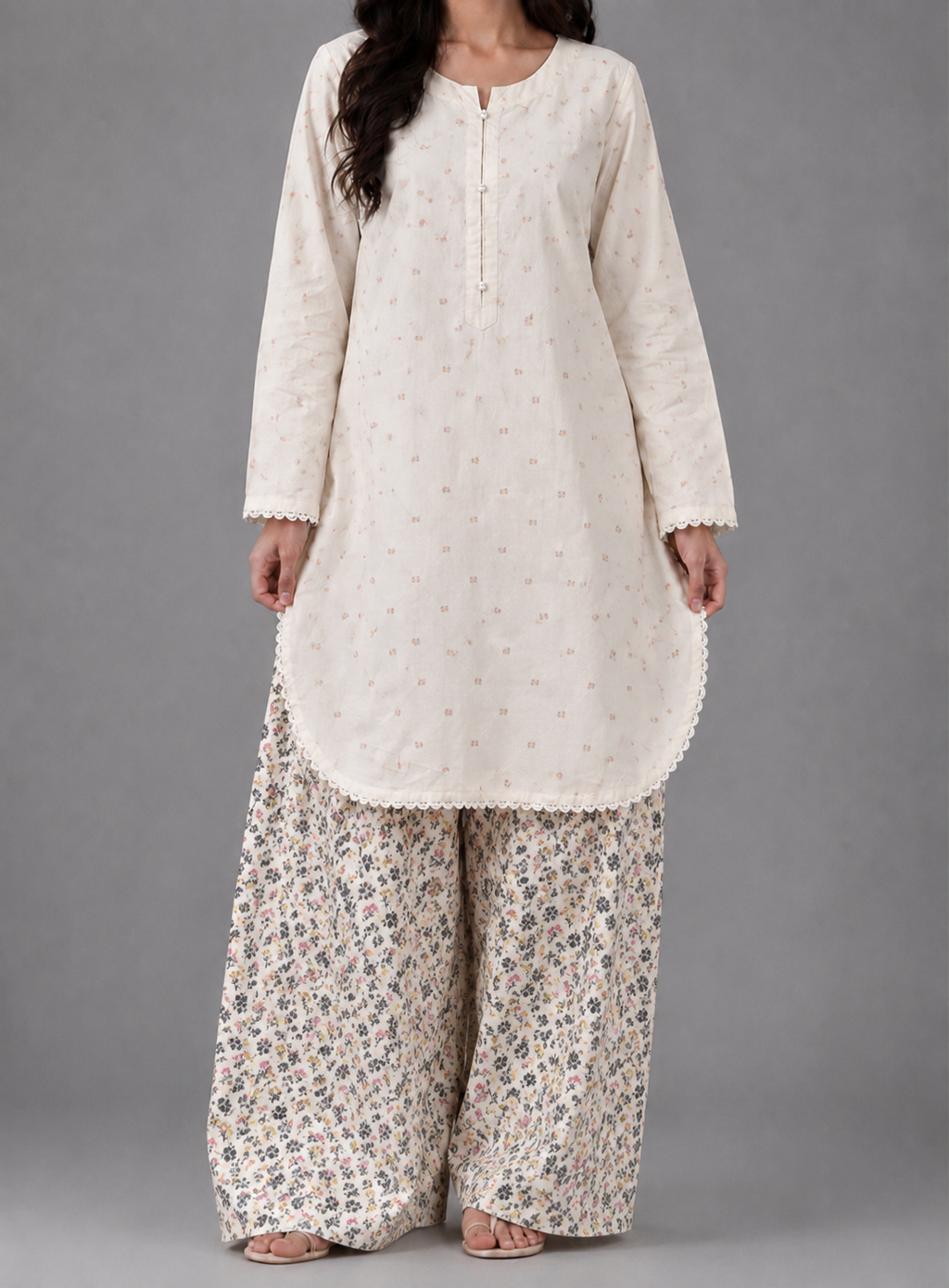 2 Pc plain Shirt & Printed Farshi Cord Set