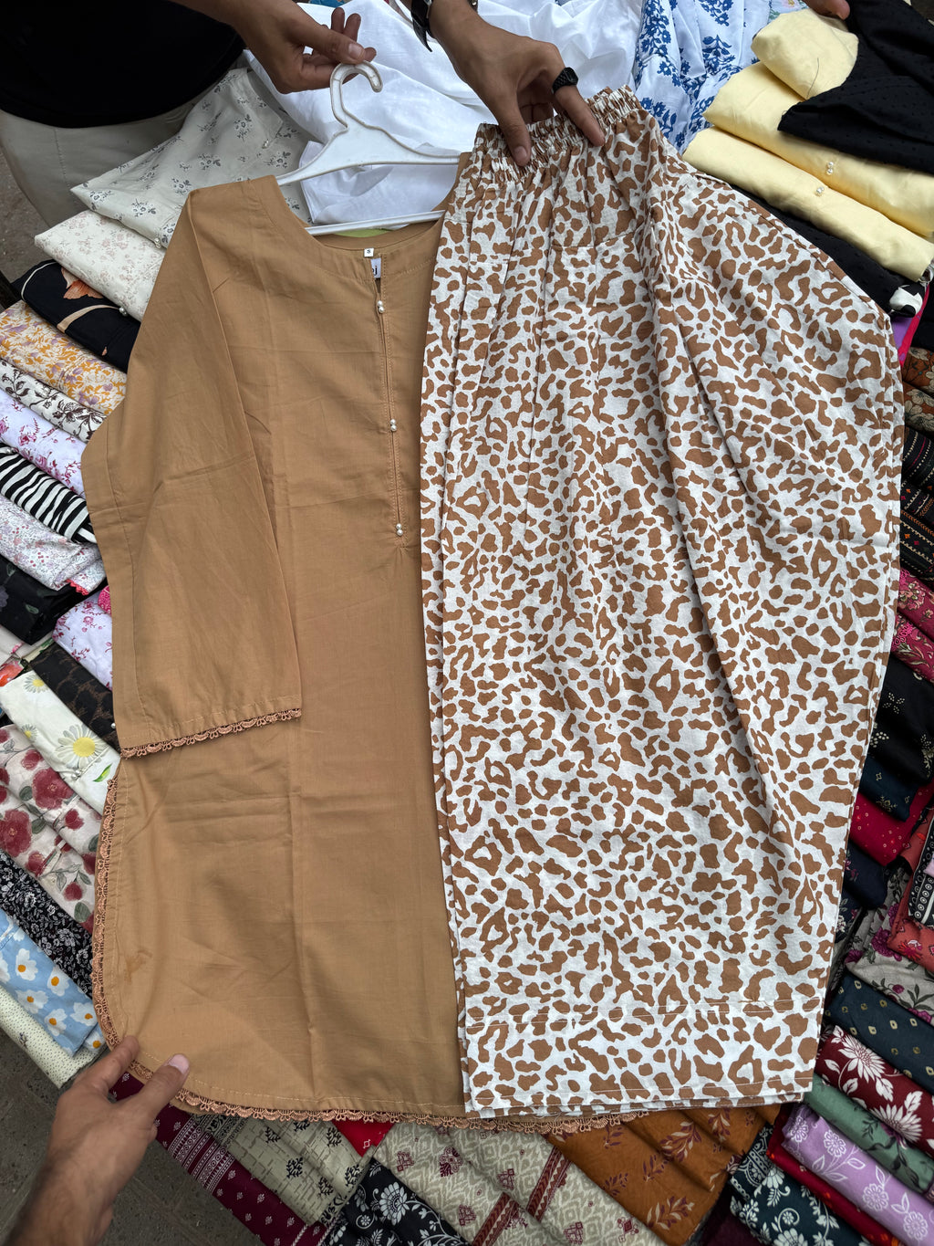 2 Pc plain Shirt & Printed Farshi Cord Set