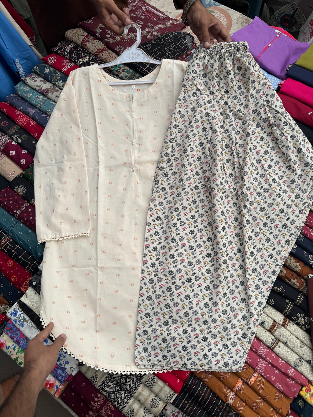 2 Pc plain Shirt & Printed Farshi Cord Set