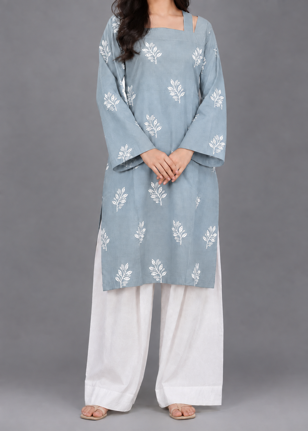2 pc Embroidered Cord Set With White Plain Farshi Shalwar