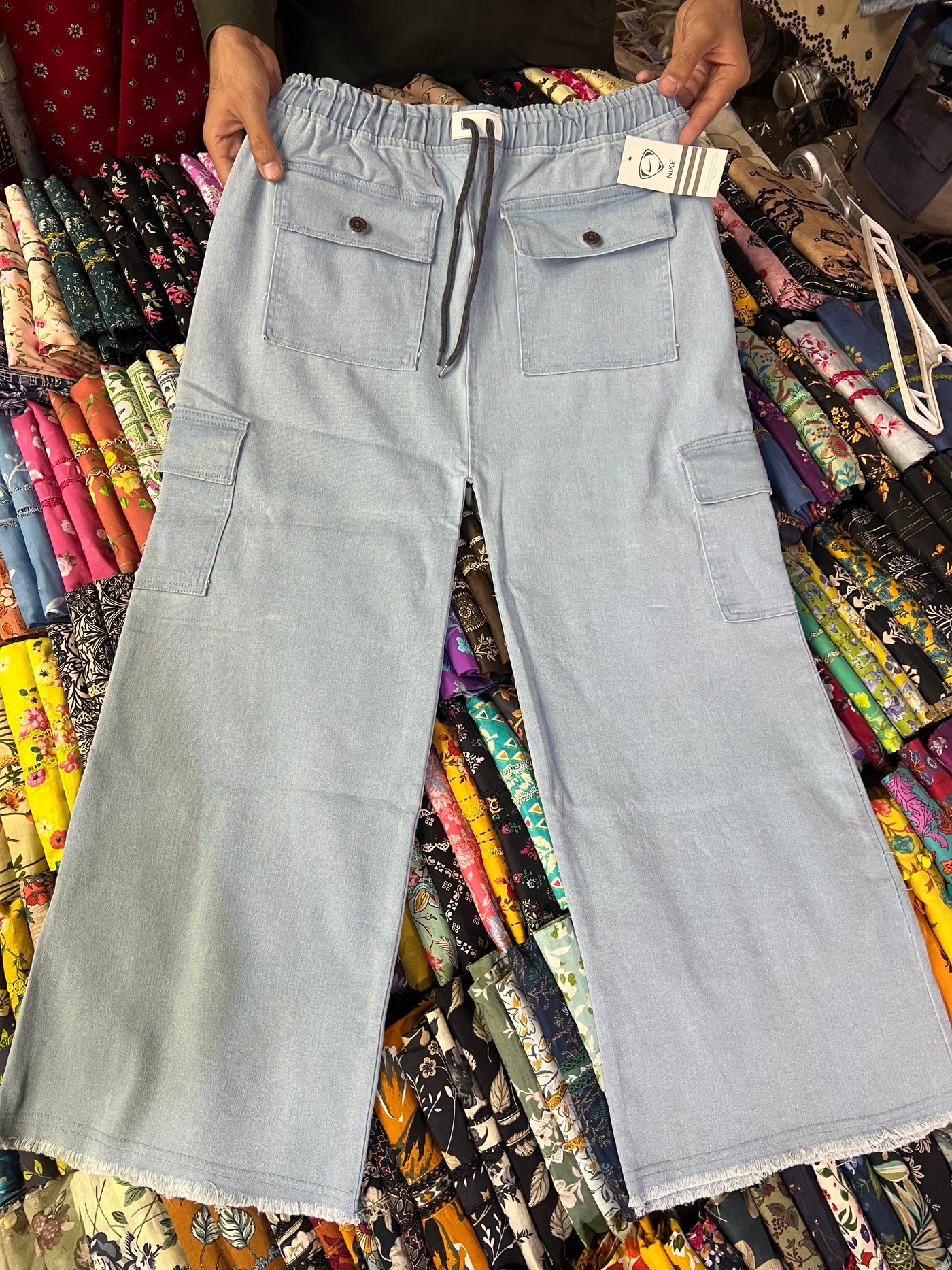 Elastic Waist Cargo Pocket Wide - Leg Stretchable Jeans